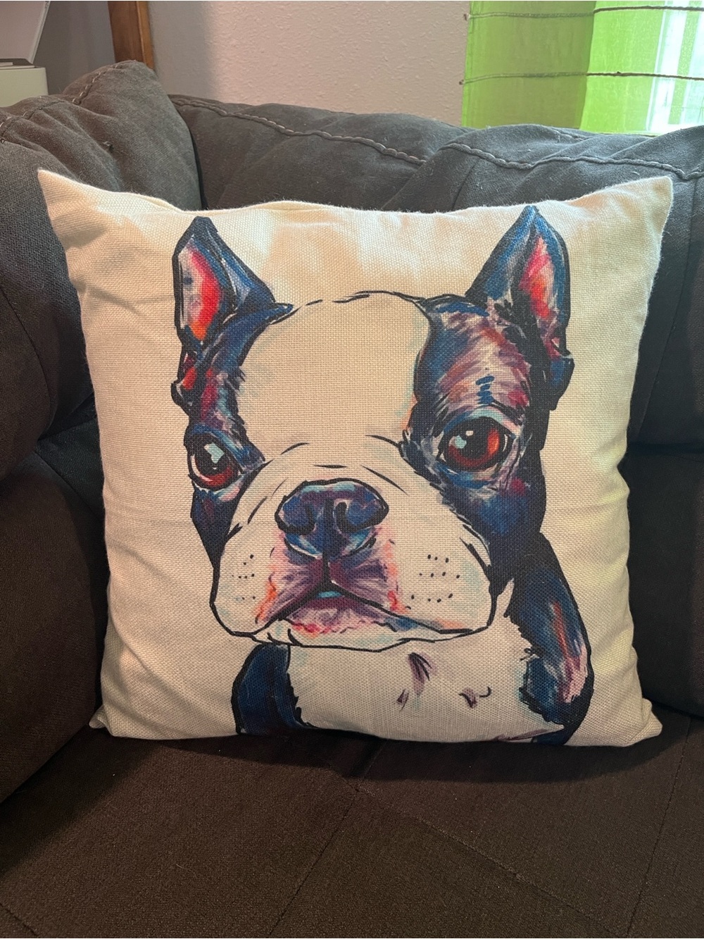 Dog Portrait Accent Pillow - Cream with Blue and Pink Artwork